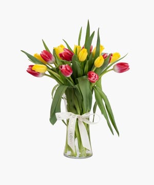 red & yellow tulip vase arrangement online flower delivery Dubai and Abu Dhabi