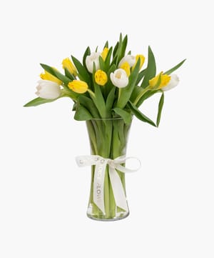 white & yellow tulip vase arrangement online flower delivery Dubai and Abu Dhabi