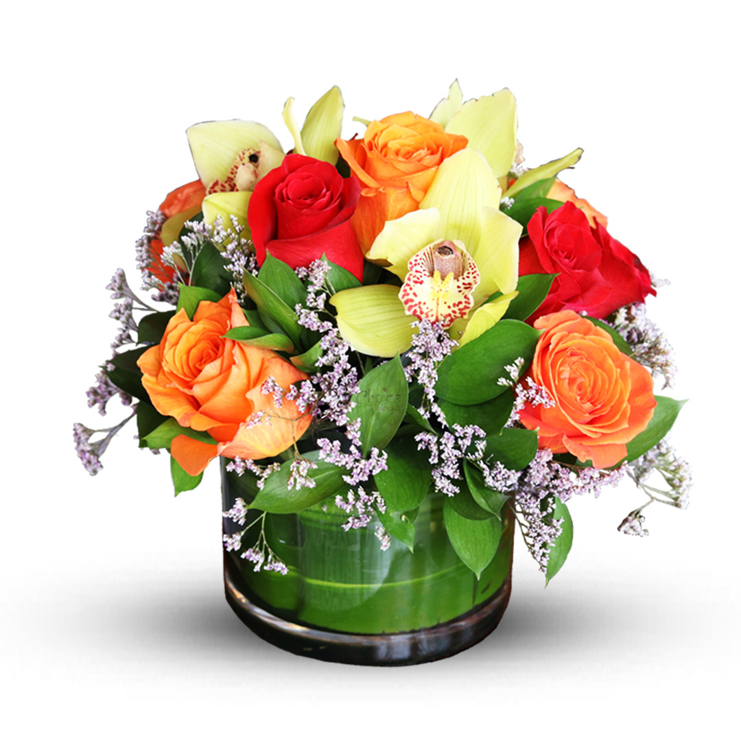 Mixed Roses and Cymbidium in Glass Vase | Birthday Flower