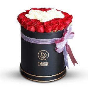 Red and White Roses in Heart Shape Black Vase