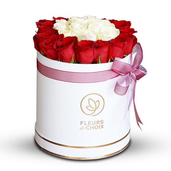 Red and White Roses in Box White Box