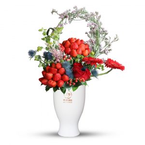 Strawberry with Mixed Flowers in White Vase