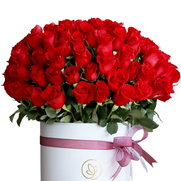 100 Red Roses in White Box Zoom