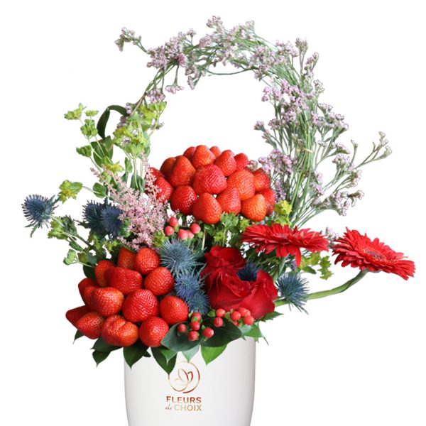 Strawberry with Mixed Flowers in White Vase Zoom