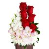 Red Roses with Lisianthus, Orchid and Chrysanthemum in Brown Vase ZOOM 1