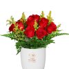Red Roses with Green Fillers in white vase zoom 1