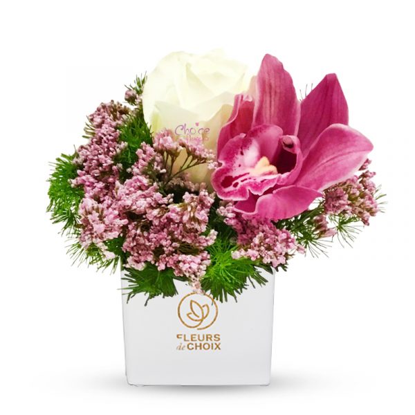 Cymbidium and Rose Flower in White vase