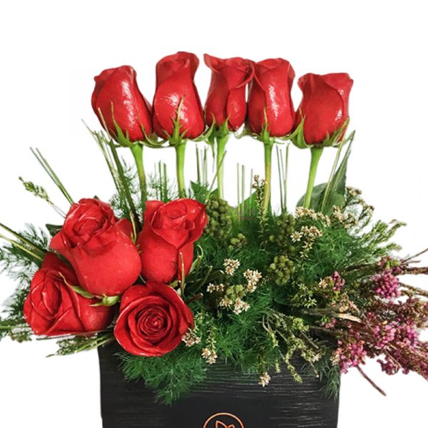 Red Roses in Rectangular Vase Zoom