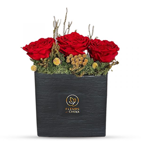 Red Forever Roses in Black Vase