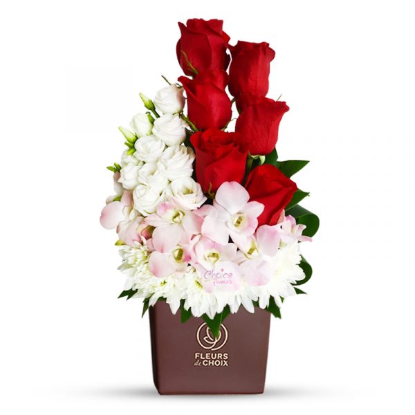 Red Roses with Orchid and Mixed Flowers in Brown Vase