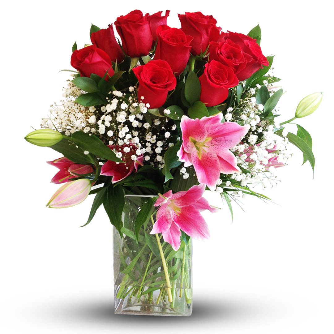 Pink Lilly with Red Roses in Glass Vase | Forever Fabulous