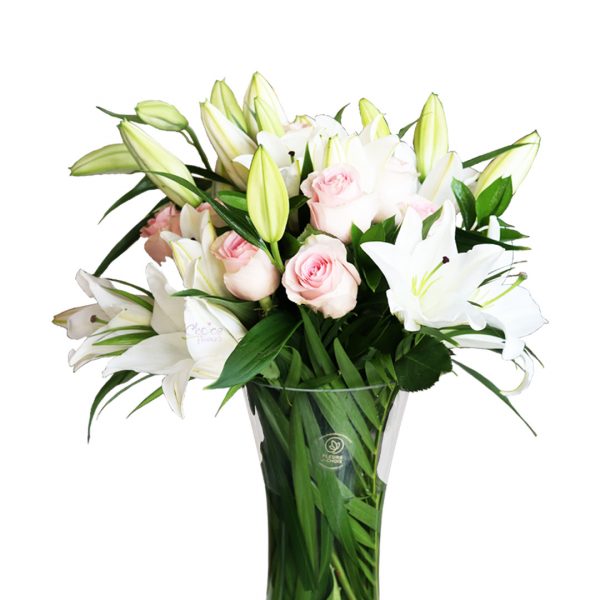Pink Roses and White Lilly Bouquet Zoom 1