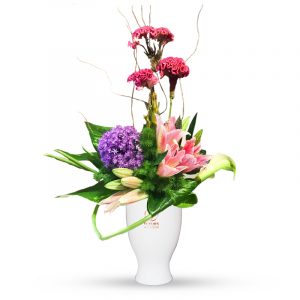 Lilly with Celusia Flower Arrangement in White Vase