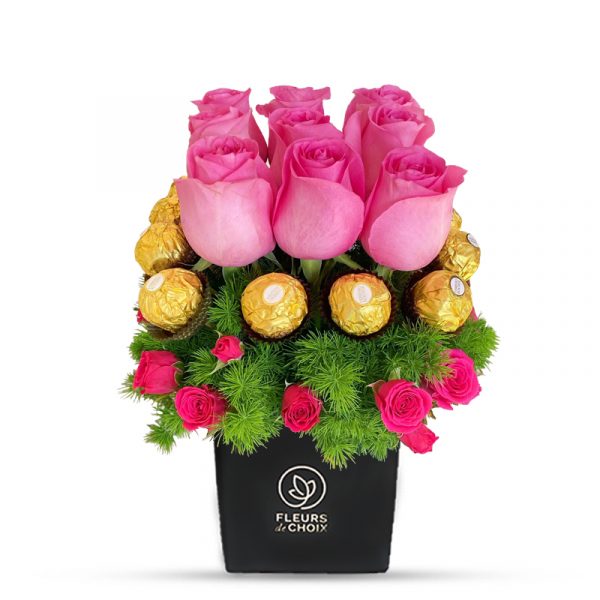 Pink Rose and Chocolate Combo in Black Vase