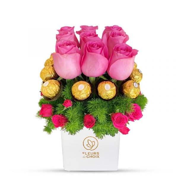 Pink Rose and Chocolate Combo in White Vase
