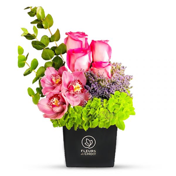 Pink Rose with Cymbidium Black Vase