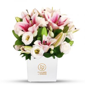 Pink Lilly and Lisianthus in White Vase