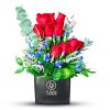 Red Roses with Gentian Flowers in Black Vase
