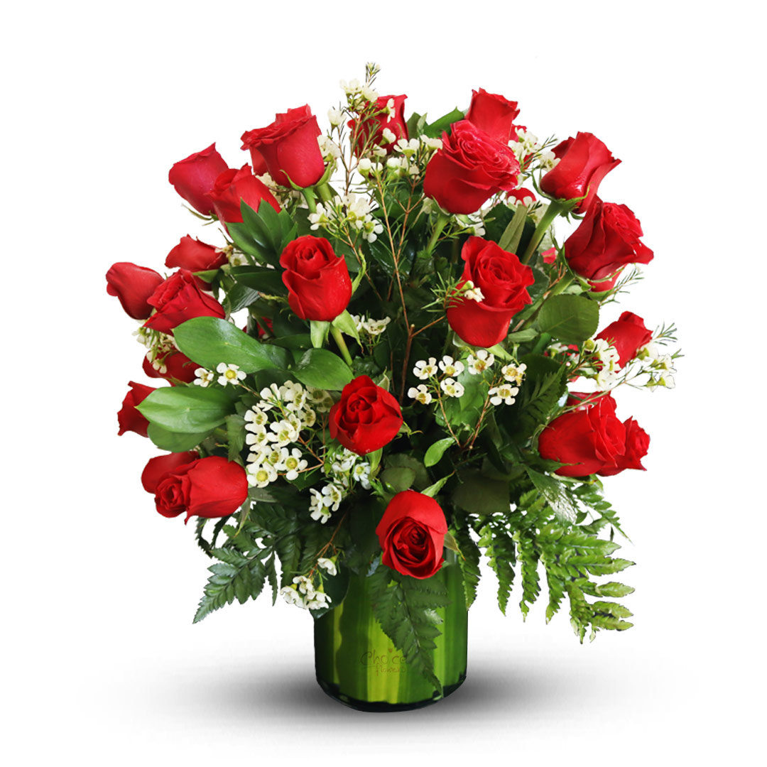 Roses with Fillers in Glass Vase | Gorgeous Reds Arrangement