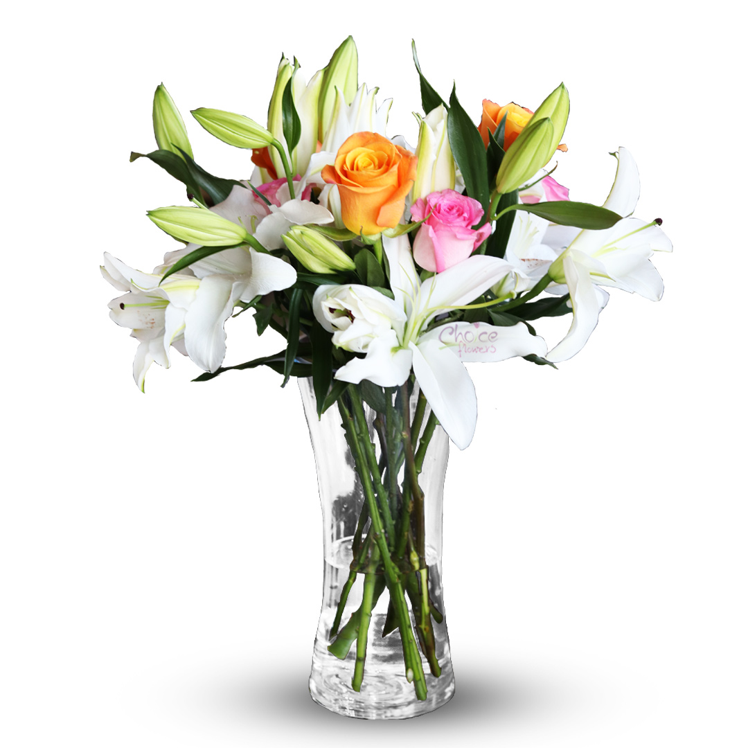 Lilly with Mixed Colour Roses in Glass Vase | Happy Day