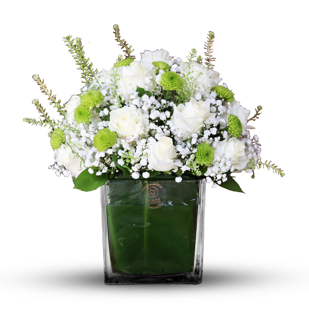 White Roses with Gypsophilia in Glass Vase | Heart 2 Heart