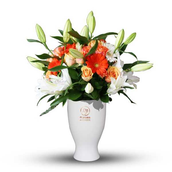 Orange and White Mixed Flowers in White Vase