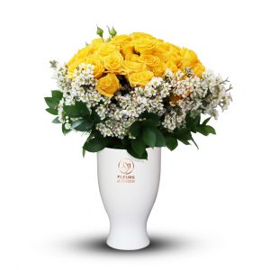 Yellow Baby Roses in White Vase