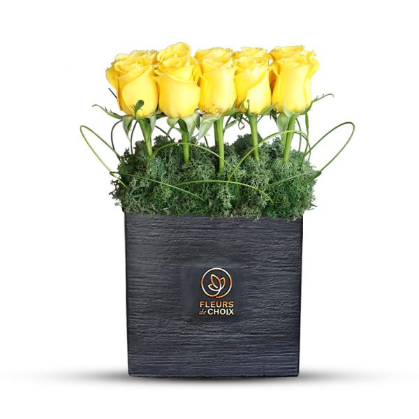 Yellow Roses Bouquet in Black Rectangular Vase