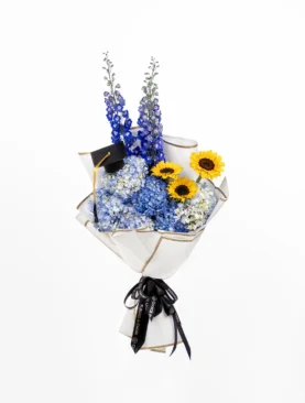 Sunflower and Blue Hydrangea Bouquet