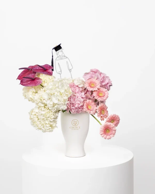 Pink and White Graduation Flower Vase Display