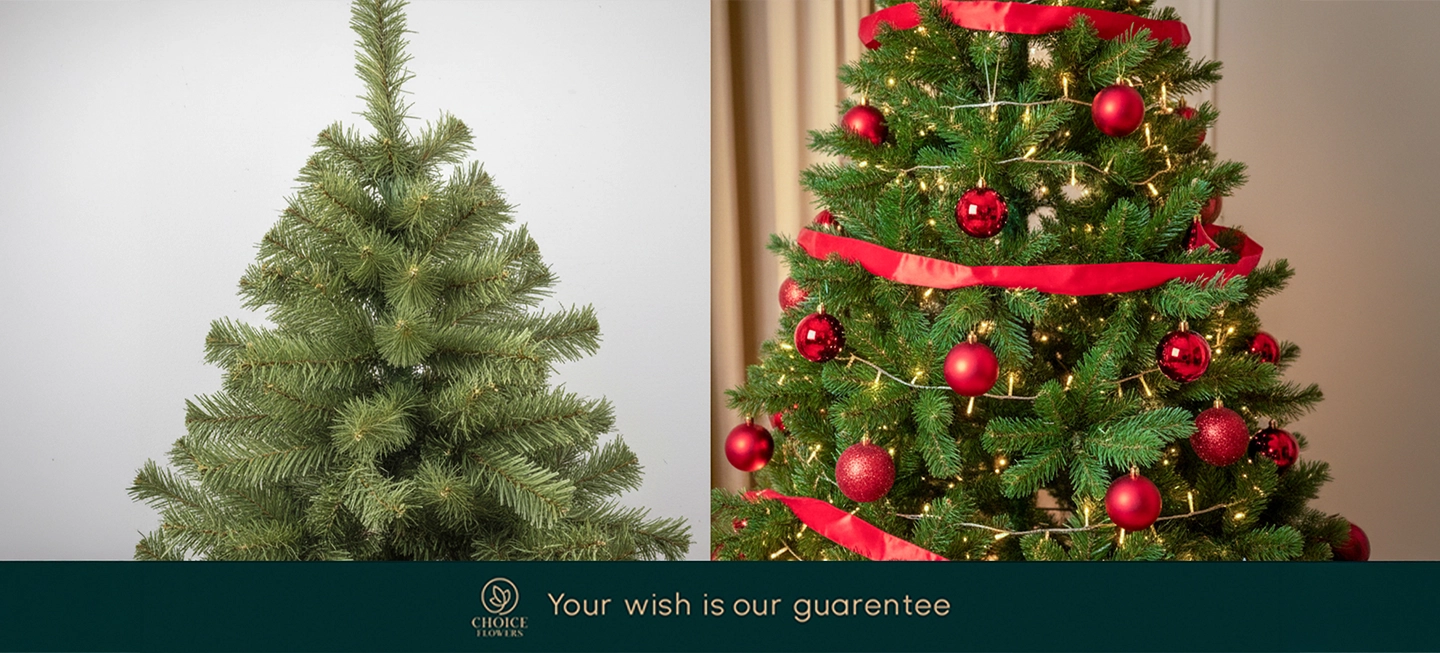 Before and after Christmas tree decoration showing a plain tree transformed into a fully decorated festive Christmas tree with lights and ornaments.